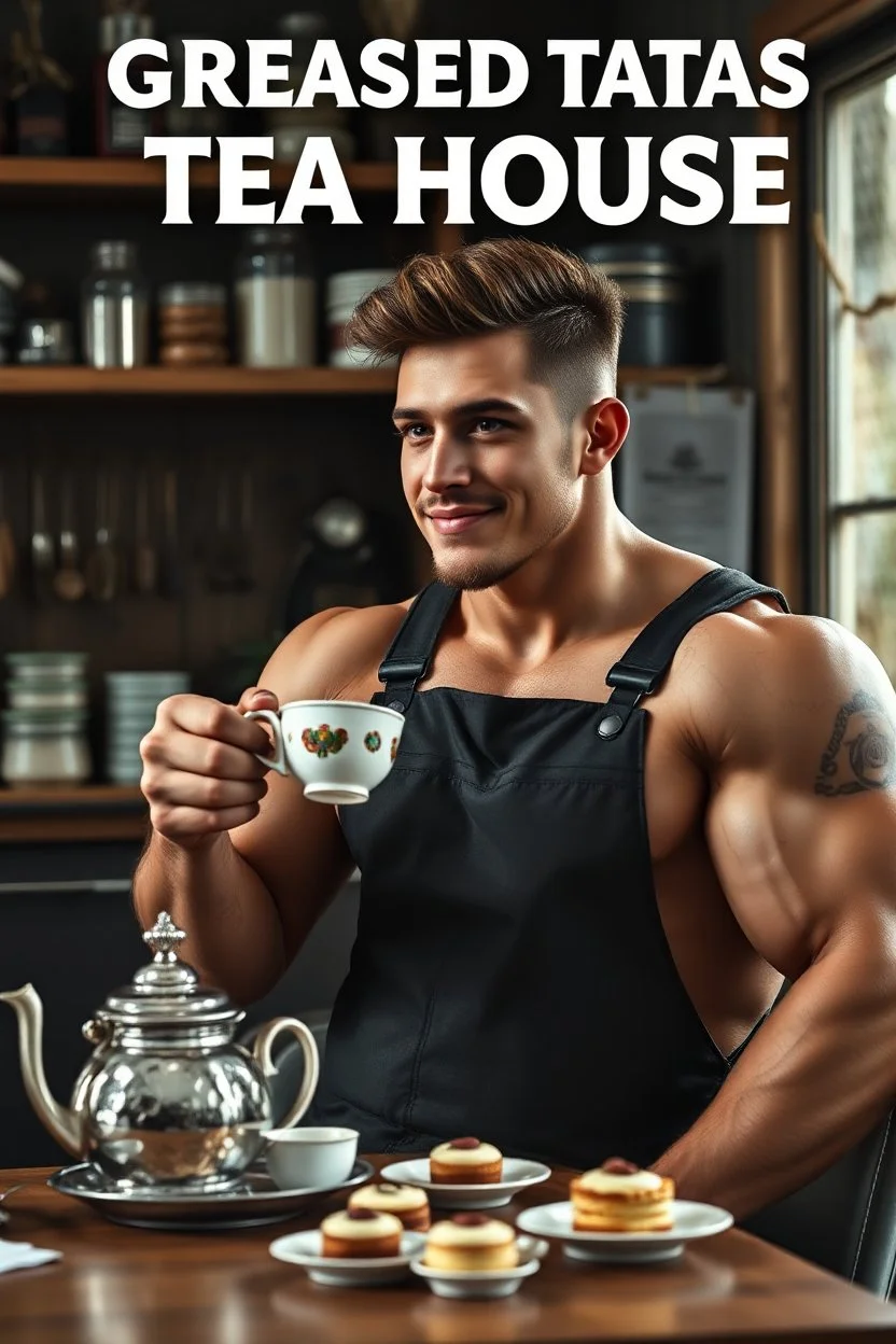 a young mechanic man with huge muscles and his top off enjoying high tea by himshelf with little cakes, with large title( GREASED TATAS TEA HOUSE)
