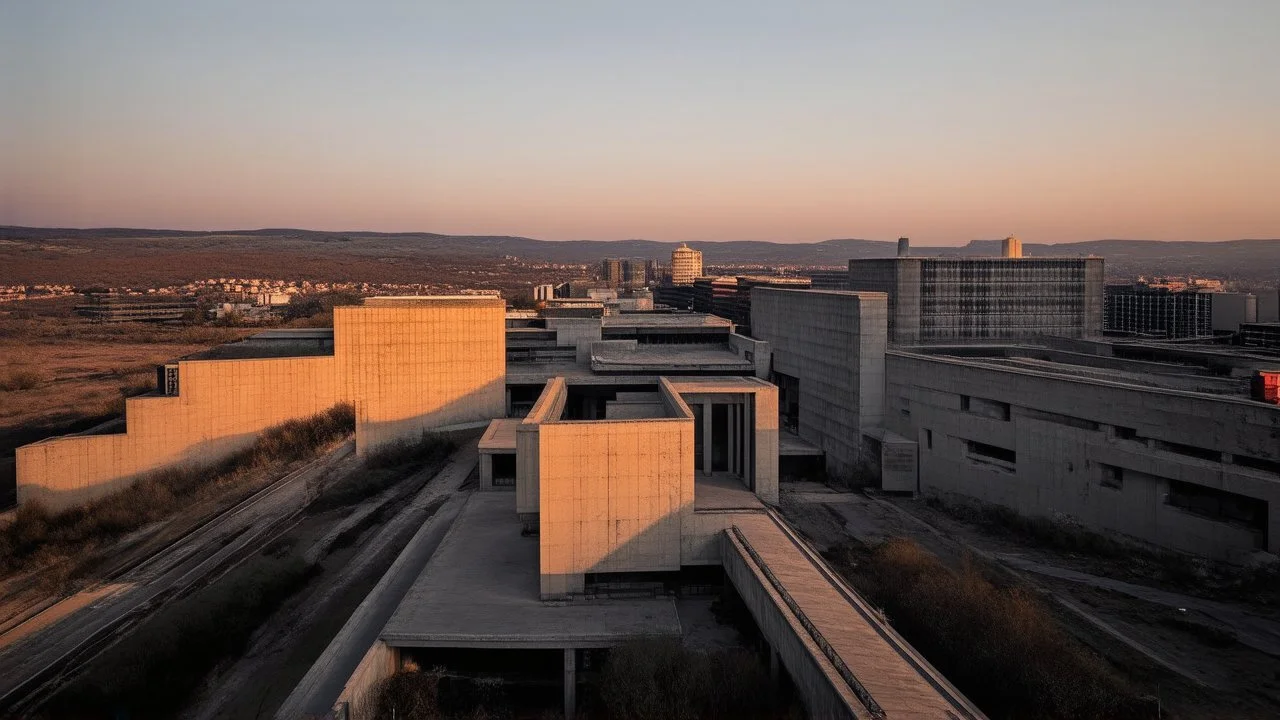 Editorial Photography | EMOTION: Reverence | SCENE: Vast landscape of Brutalist Architecture at dawn | TAGS: 32k, Olympus OM-D E-M1 Mark III, 12mm lens, f/5.6, Monumental Presence, Soft Morning Light, Earthy Palette, Weathered Surfaces, Architectural Legacy, Brutalism Resilient, Raw Grandeur, Urban Heritage, ISO 200