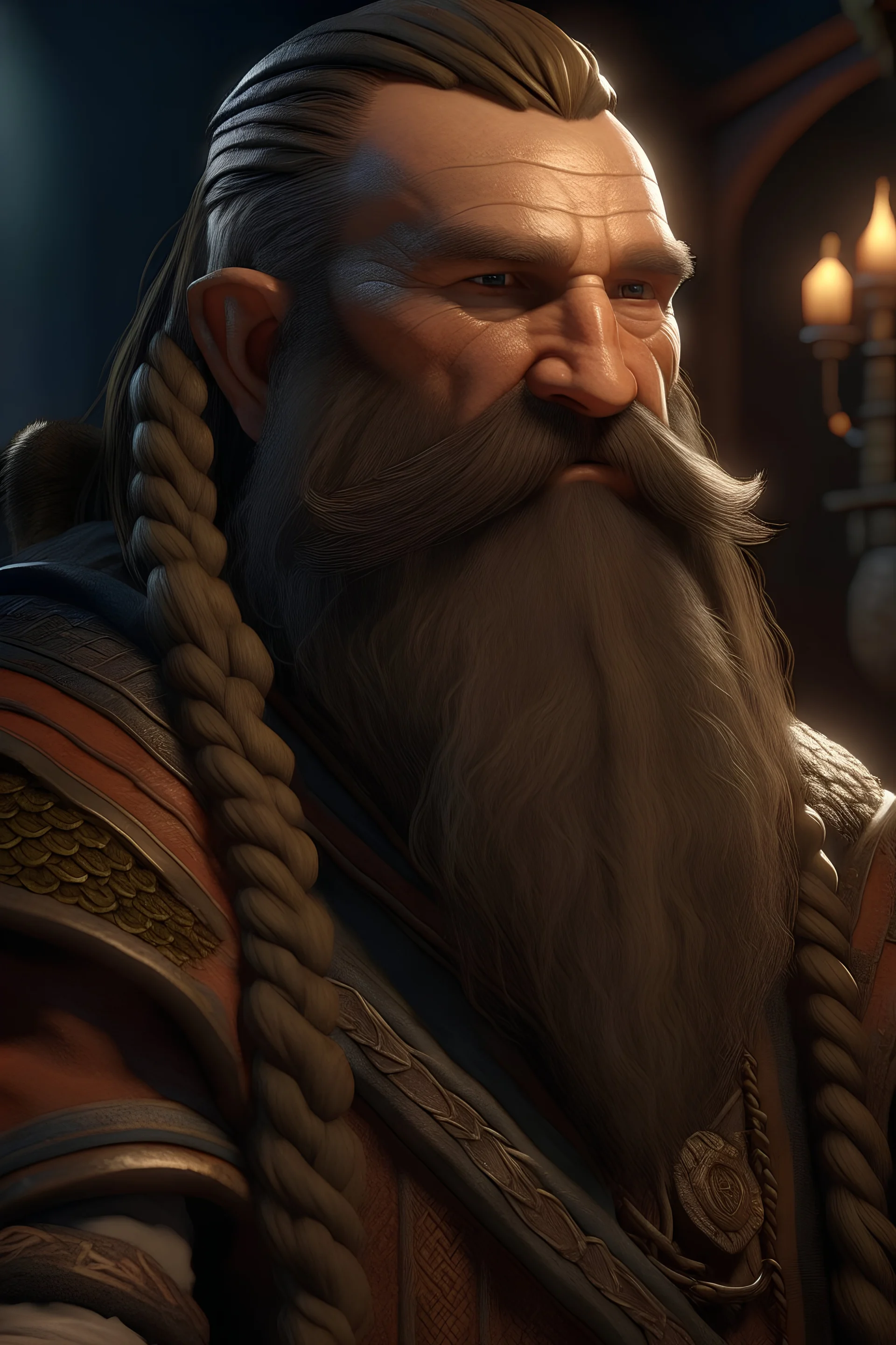 dnd character art of dwarf, long braided beard, high resolution cgi, 4k, unreal engine 6, high detail, cinematic, concept art, thematic background, well framed, atatürk