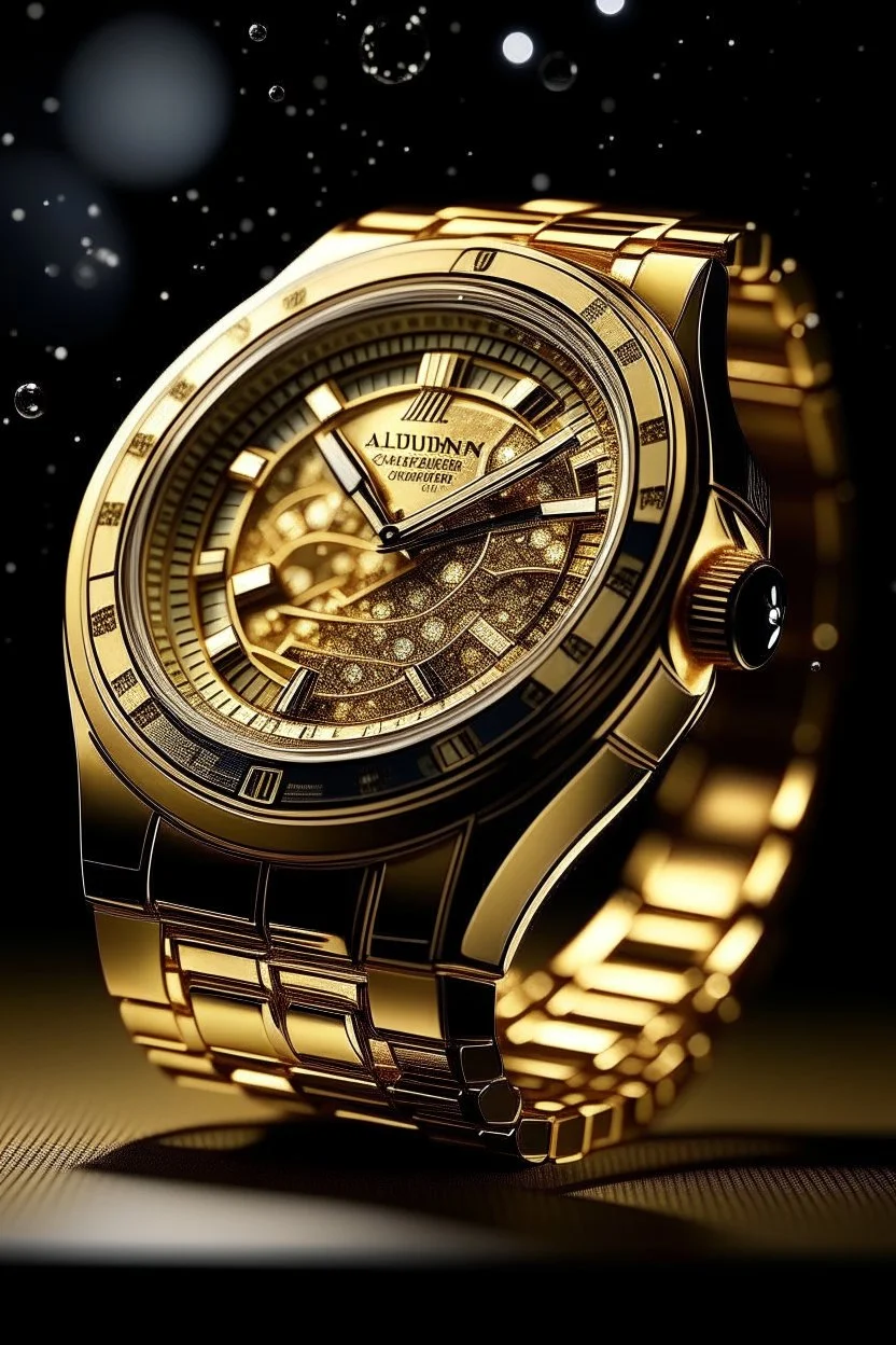 Produce a visual that showcases the shimmering brilliance of an Audemars Piguet gold watch under different lighting conditions, highlighting its luster and luxury.