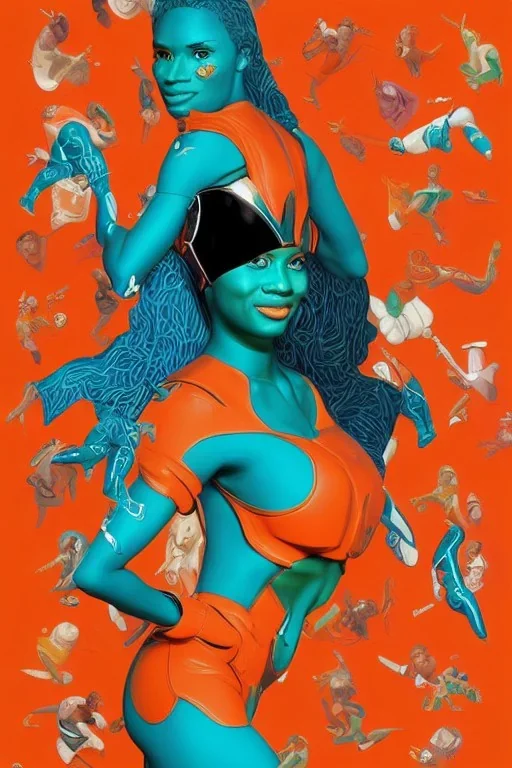 Miami Dolphins-themed beautiful perfect female superheroine orange and teal skin-tight costume Afrofuturism Style of Elle Magazine Reisha Perlmutter Leng Jun Stan Lee Joseph Ducreux Kehinde Wiley Boris Vallejo Jeff Koons photorealistic portrait painting street art 64 megapixels Pixar, Disney 3d digital art, Maya 3D, ZBrush 3D shading dynamic lighting iridescent