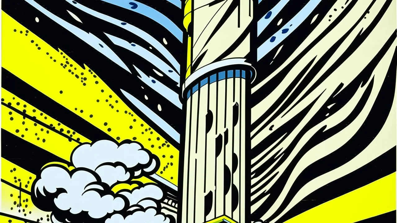 An ivory tower in a tempest storm painted by Roy Lichtenstein
