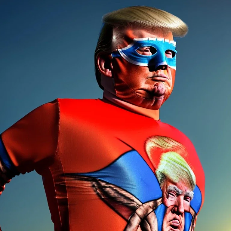 realistic image of donald trump as a mexican wrestling fighter posing, Mexican eyes wrestling mask, red and blue strappy mesh bodysuit, retro style, 80s, vibrant color, highly detailed, sky background, concept art, unreal engine 5, god rays, ray tracing, RTX, lumen lighting, ultra detail, volumetric lighting, 3d, finely drawn, high definition, high resolution.