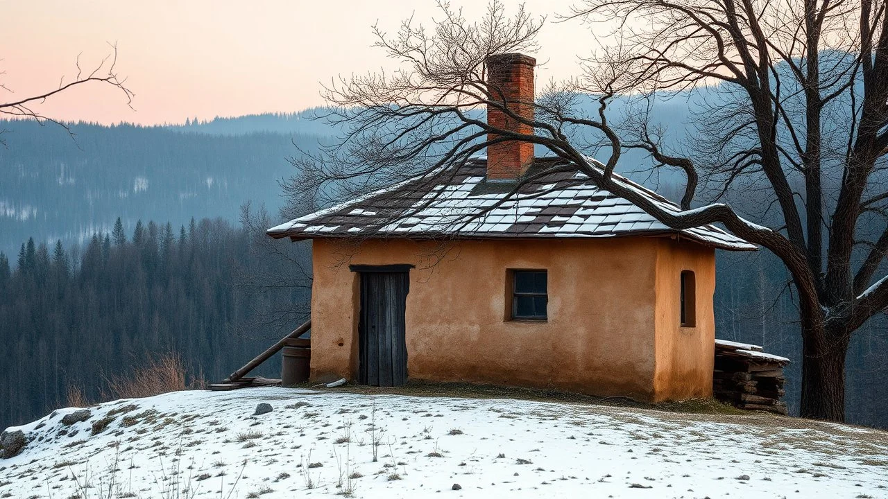 a lonely old adobe hut with worn adobe wall and a small window, a crumbling roof, an old chimney stands on a hill, next to it is a small woodshed by the wall, and an old withered tree leans over the hut, the hut stands on the edge of a European forest, winter, snowy landscape, low light, dawn, high detailed, sharp focus, high realistic, perfect photo