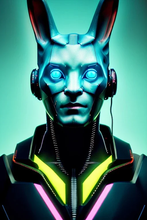 Medium Close Up Portrait, Front image. cyberpunk, rabbit mask, british man, black hair. latex suit. black, yellow, color. Ghost in the shell style. Color background, photo studio. Avatar image, highly detailed, concept art, smooth, unreal engine 5, ray tracing, RTX, lumen lighting, ultra detail, volumetric lighting, 3d, finely drawn, high definition, high resolution.