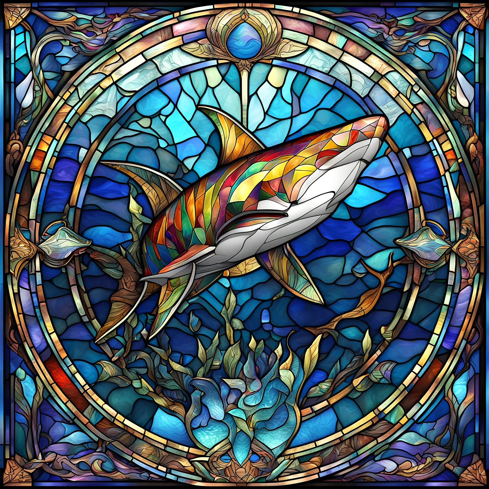 Art Deco style stained glass window of an iridescent Shark, modern futuristic stained glass design, dramatic elaborate design, hyperdetailed, 8k resolution, bright colors, blue hues, 3d liquid detailing, intricate and fluid design,