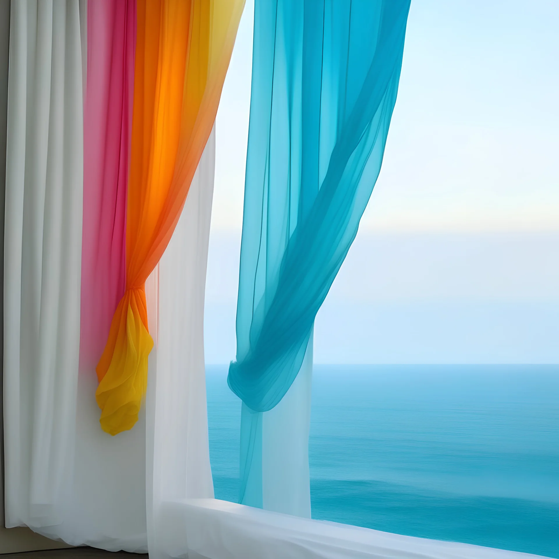 Cara delavigne A white curtain above the sea, turquoise, pink, orange, yellow, wind blowing