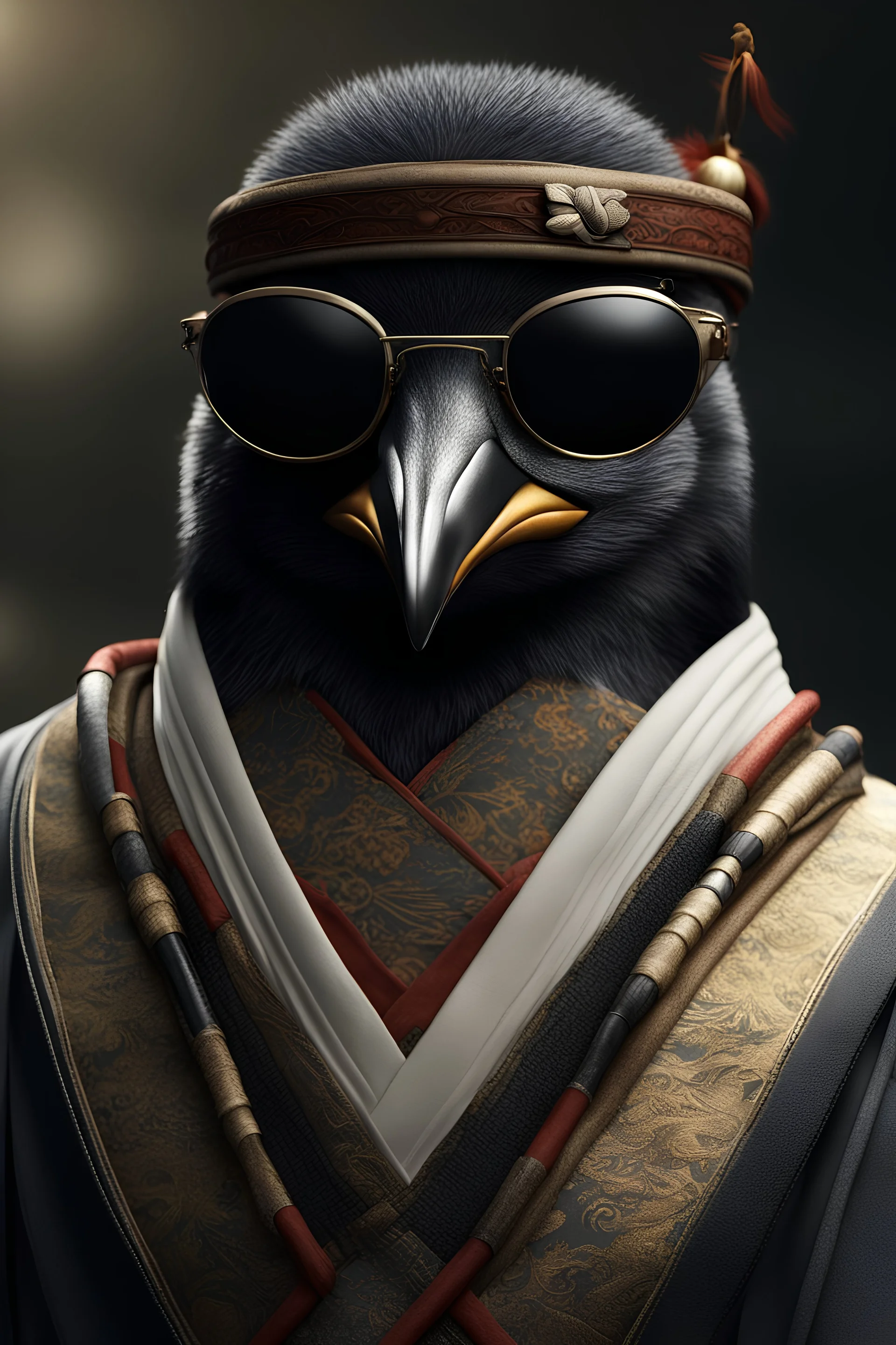 A penguin in samurai dress, portrait, wearing sunglasses ,Photorealistic, next level resolution, 4k, ultra quality, hyper realistic, detailed+