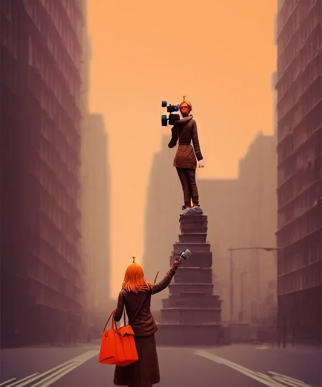 Statue of Queen of photography holding camera in hands. Cute blonde woman. Photographer in golden crown. Standing on the street. Big camera in her hand. hyperdetailed, photorealistic, trending on artstation, greg rutkowski, beksinski, kodachrome, volumetric lighting, gold and orange