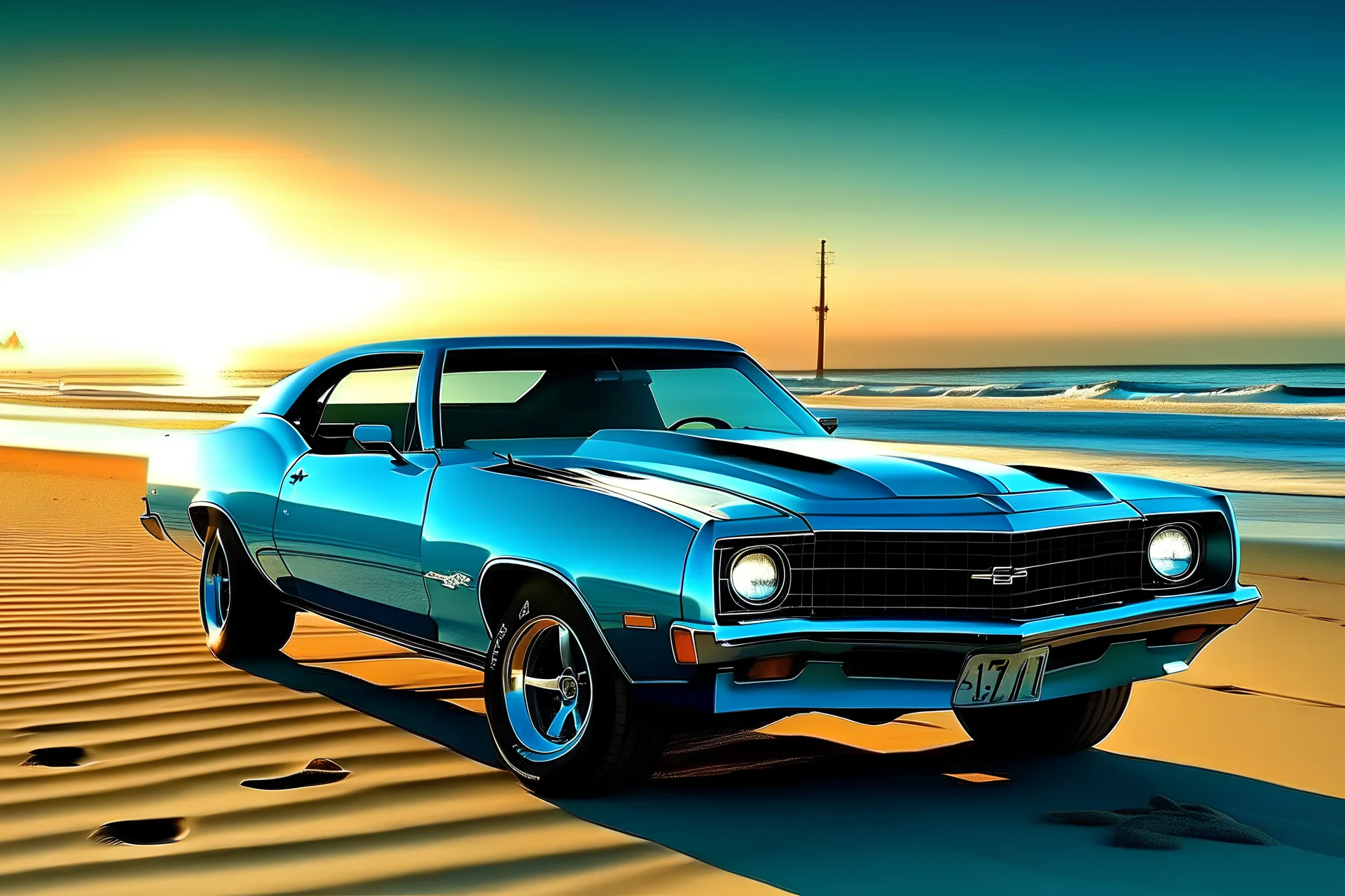 a sparkling metallic blue 1971 chevelle SS with a white racing stripe on the hood sitting on a white sandy beach with a crashing ocean wave towering over it and a glowing sunrise over the churning turquoise ocean as a background