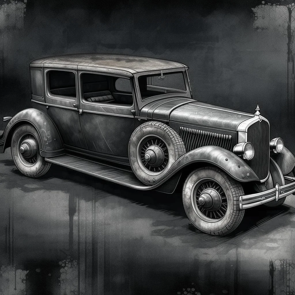 An old classic car 1900 a full side view , Hyper Realistic Aerial Grungy Dark-Grey Brush strokes on a dark rustic background with charcoals
