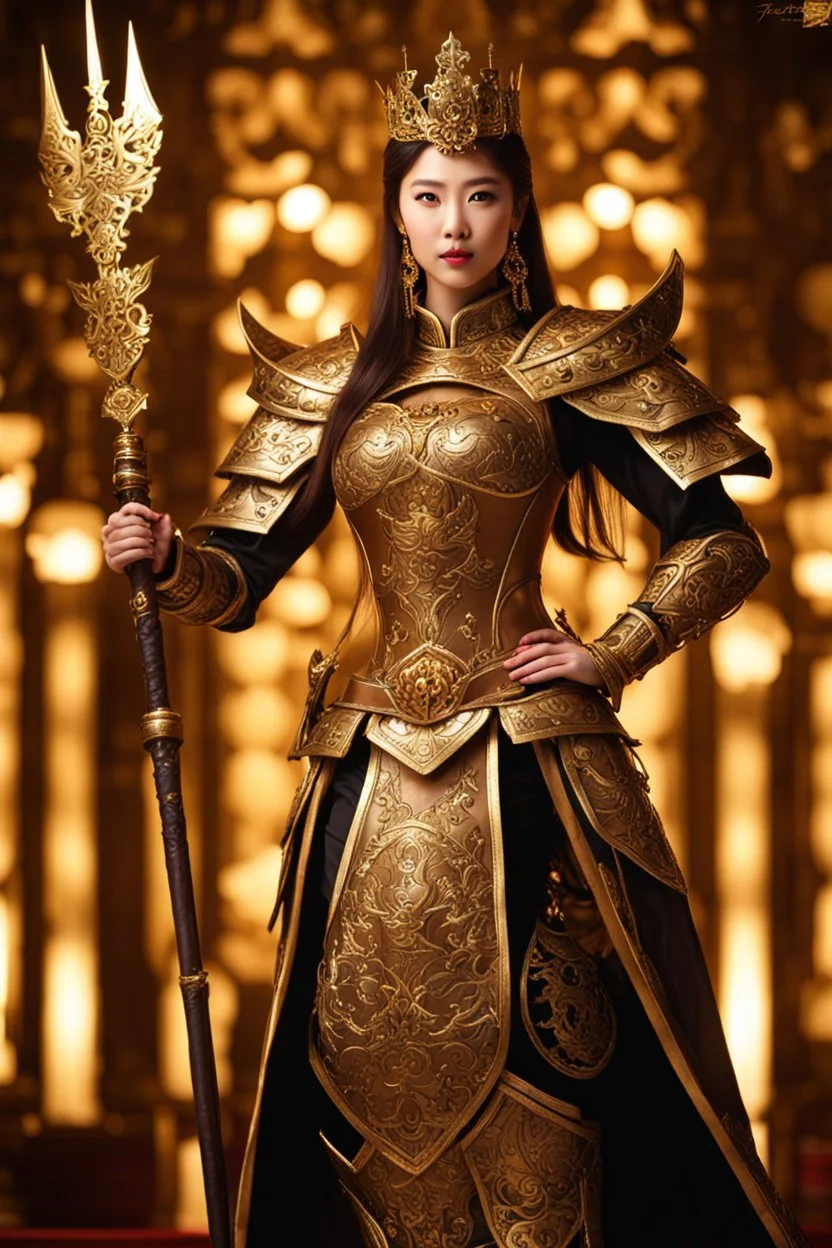 Full body Realistic photography,front view, Beautiful Queen Warrior super model Pretty European Chinese Woman, brown hair,dressing luxury party gown,looking at viewer,traditional dress ornaments mechanical armor china traditional, intricate armor, delicate golden shine bright, black metalic parts, detailed part, jewelry diamonds,dynamic pose,abstrac background, dynamic lighting, red hour, full body portrait