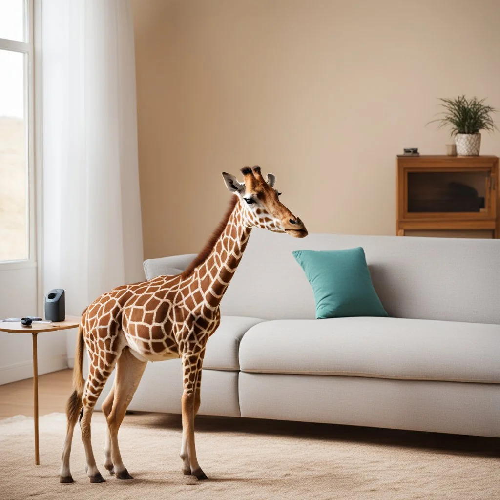 the giraffe chews its remote control in the sofa