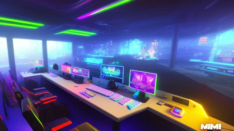 Dimly lit gaming PC room, filled with neonlights, night time, atmospheric, detailed.