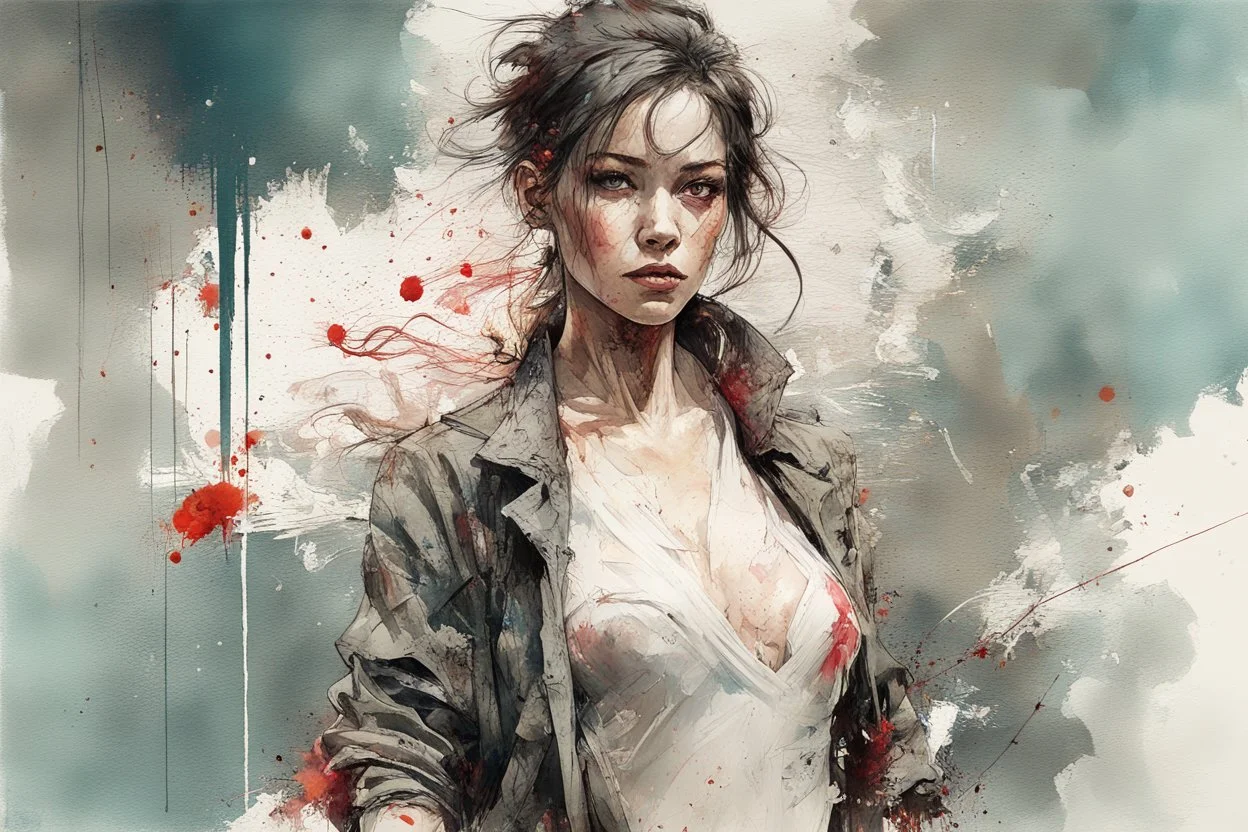 A gorgeous woman, full length portrait, perfect anatomy, hyper detailed digital painting, , Yoji Shinkawa, Ismail Inceoglu, Jeremy Mann, Carne Griffiths, splash art, watercolor ink splatter, oil on canvas, deep color, rich contrast, deviantart, Behance HD, Sketchlab