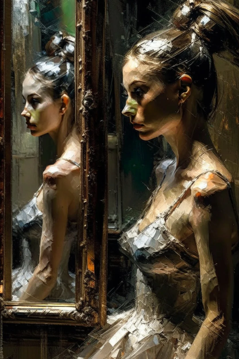 a beautiful ballerina, in a studio, Infront of a mirror, side profile with eyes looking slightly Down, her reflection in the mirror is however looking straight back at her and not looking down, scary, dark undertone, 12k, detailed painting, thick impasto and textures with rough brush strokes, chaos background with cracked paint, peeling off