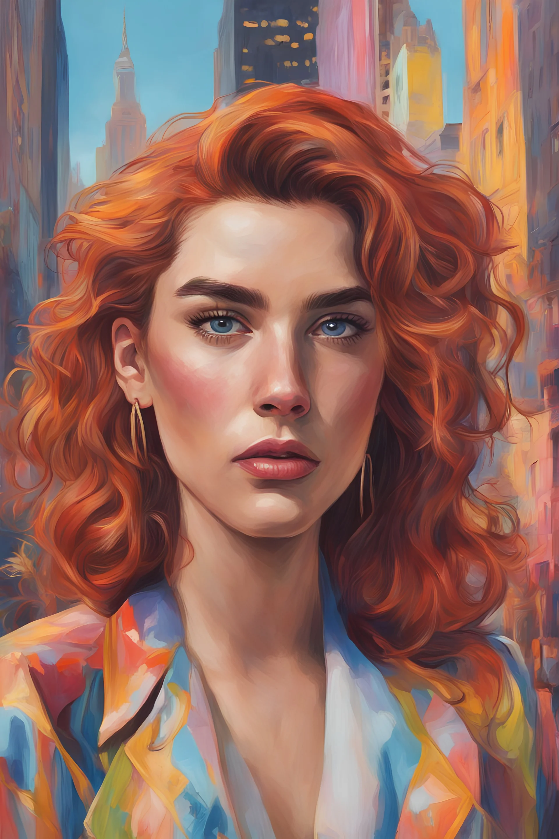 80 years old women Ginger hair Dua Lipa render eye candy oil paiting In depth New York City detailed render eye candy breathtaking Greg Rutkowski, Artgerm, WLOP, Alphonse Much style erect bombshells Pop Art psychology oil paiting In depth psychology display in the background