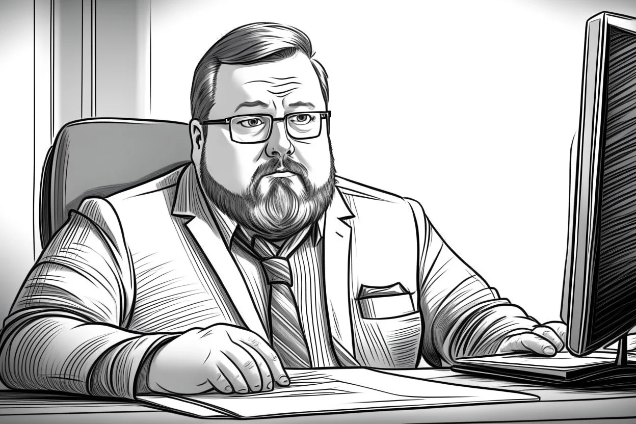 big russian man sitting at desk, portrait, speech, TV address, nametag, glasses, neck beard, short hair, mustache, suit without tie; caricature style, sketch art; black and white; grayscale, pencil drawing