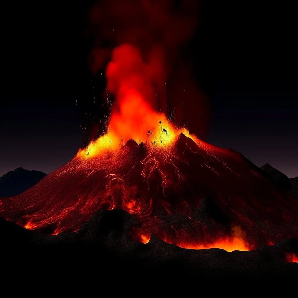 A dark orangish red volcano with spewing fire designed in Lascaux cave paintings painted by Henri-Robert Bresil