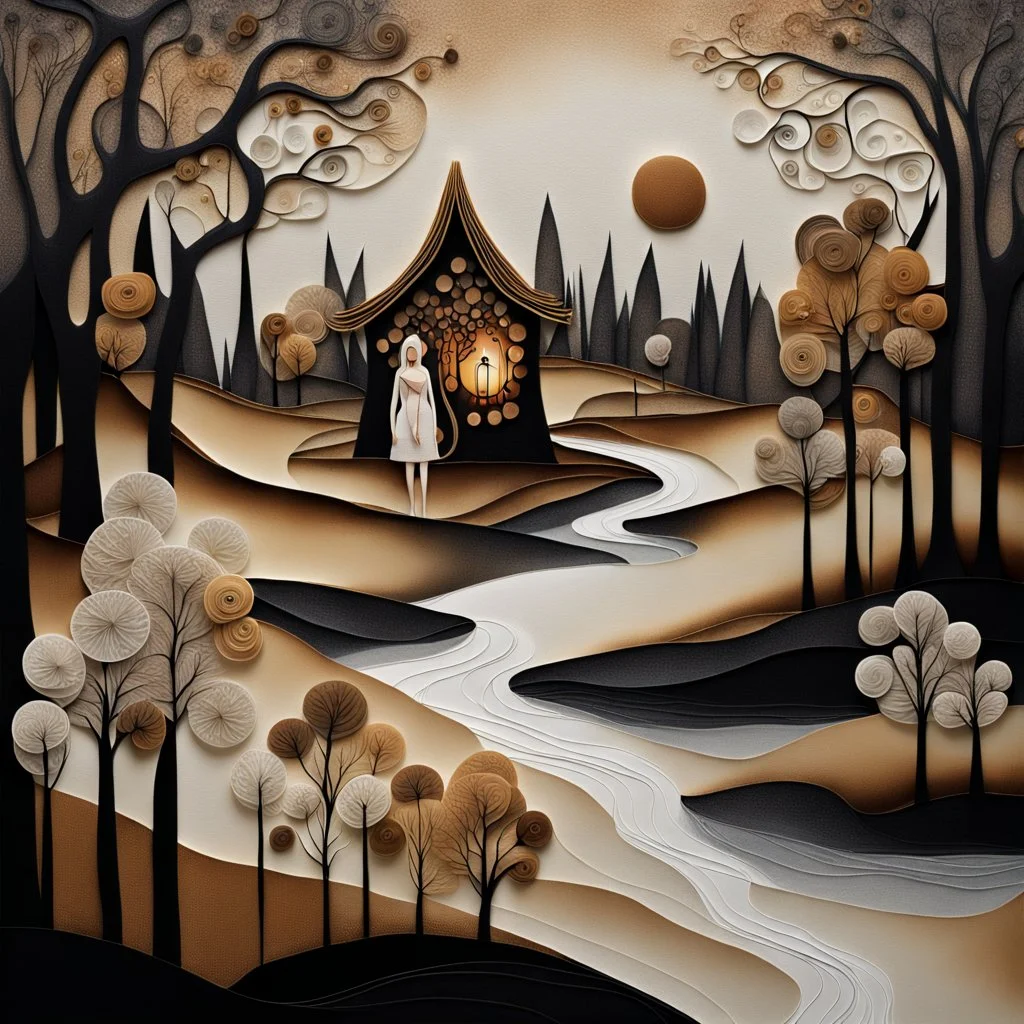 An abstract surreal painting of a village with a cottage, fences, river, trees, in a surreal eerie dim forest; symbolism; clear detailed dress with 3D texture brushlines; very very soft quilling; in the style of Hieronymus Bosch, Mandy Disher; light background; white brown black gold and bronze, nature-inspired pieces; Bess Hamiti; multi-layered style; whimsical nature; ink painting; surreal styl