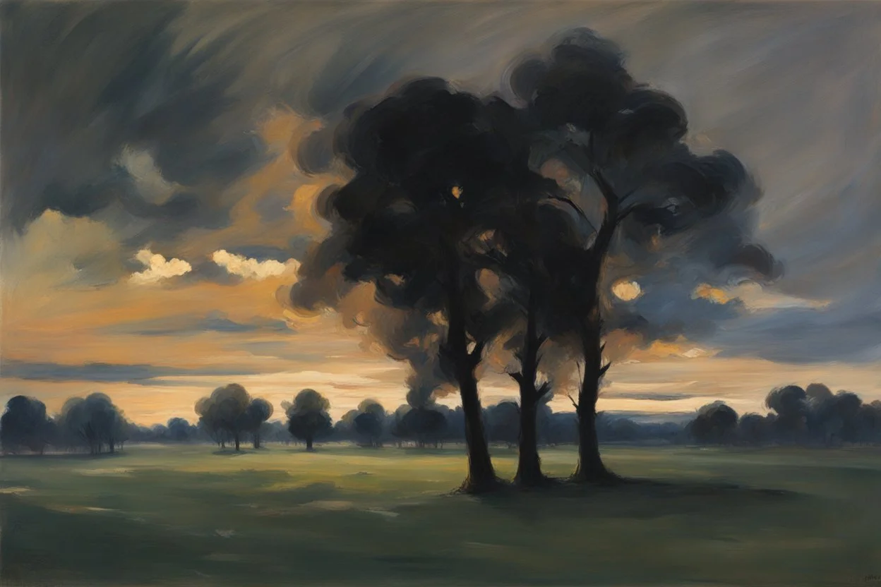 Trees, night, clouds, 2000's sci-fi movies influence, alfred munnings impressionism painting