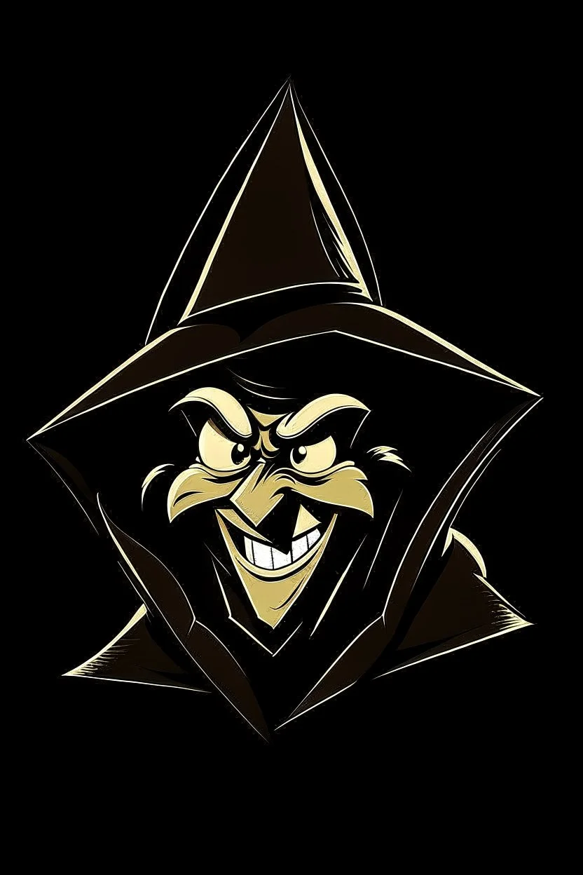 1970s goofy character of a pirate wearing a black hooded cloak, inside a lighter diamond shape on a black background, monochromatic