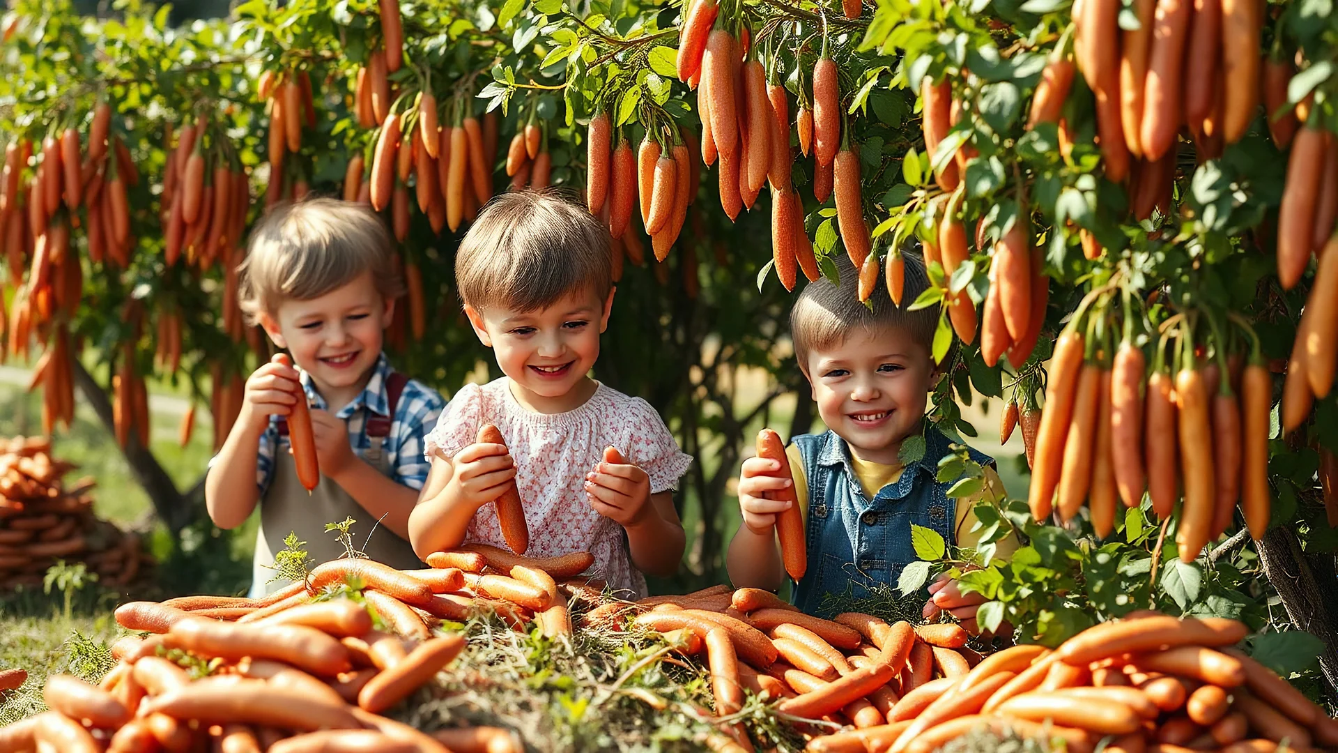 Young children harvesting cooked sausages from sausage bushes, bushes are laden with all kinds of cooked sausages hanging from the branches, happy, delighted, piles of cooked sausages, sunshine, octane render, 16k post-production, artstation: award-winning: atmospheric: commanding: clarity: ultra quality: striking: brilliance: stunning colors: amazing depth; lens: f/16, 28mm