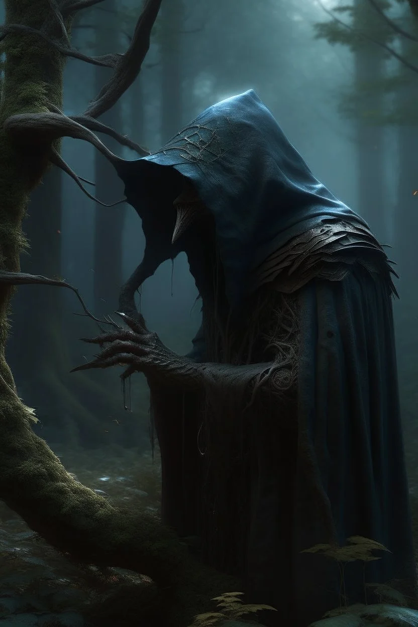 A hooded creature in the forest , dark material, surrealist, elementals, intricate background, masterpiece, octane rendered, artstation