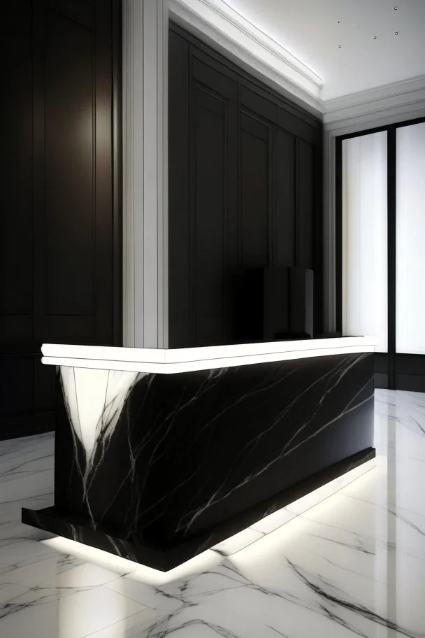 Museum reception desk with black walls, white floor, hidden or rich lighting, and the use of marble in the design