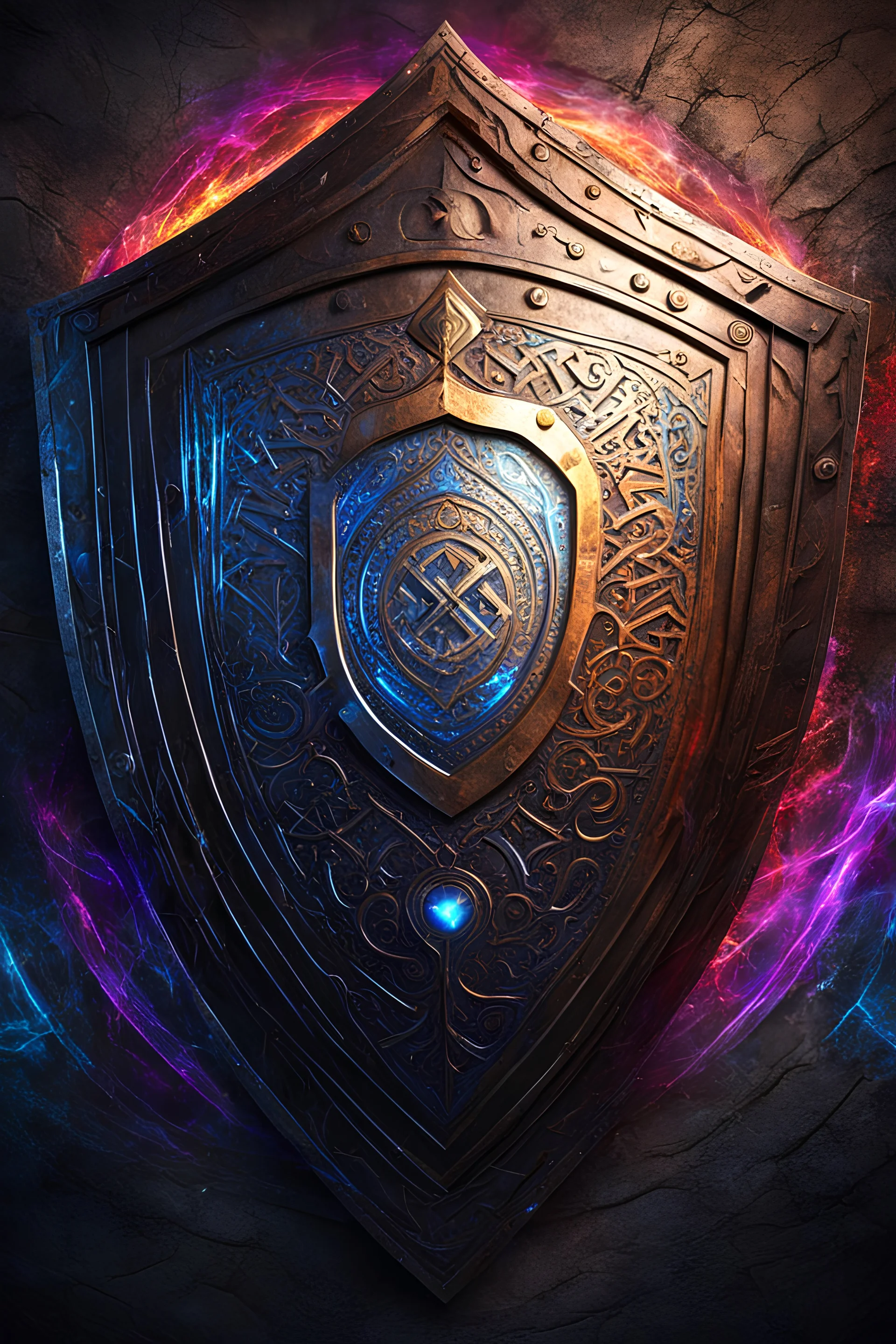 huge shield colorful, runes glowing, back background