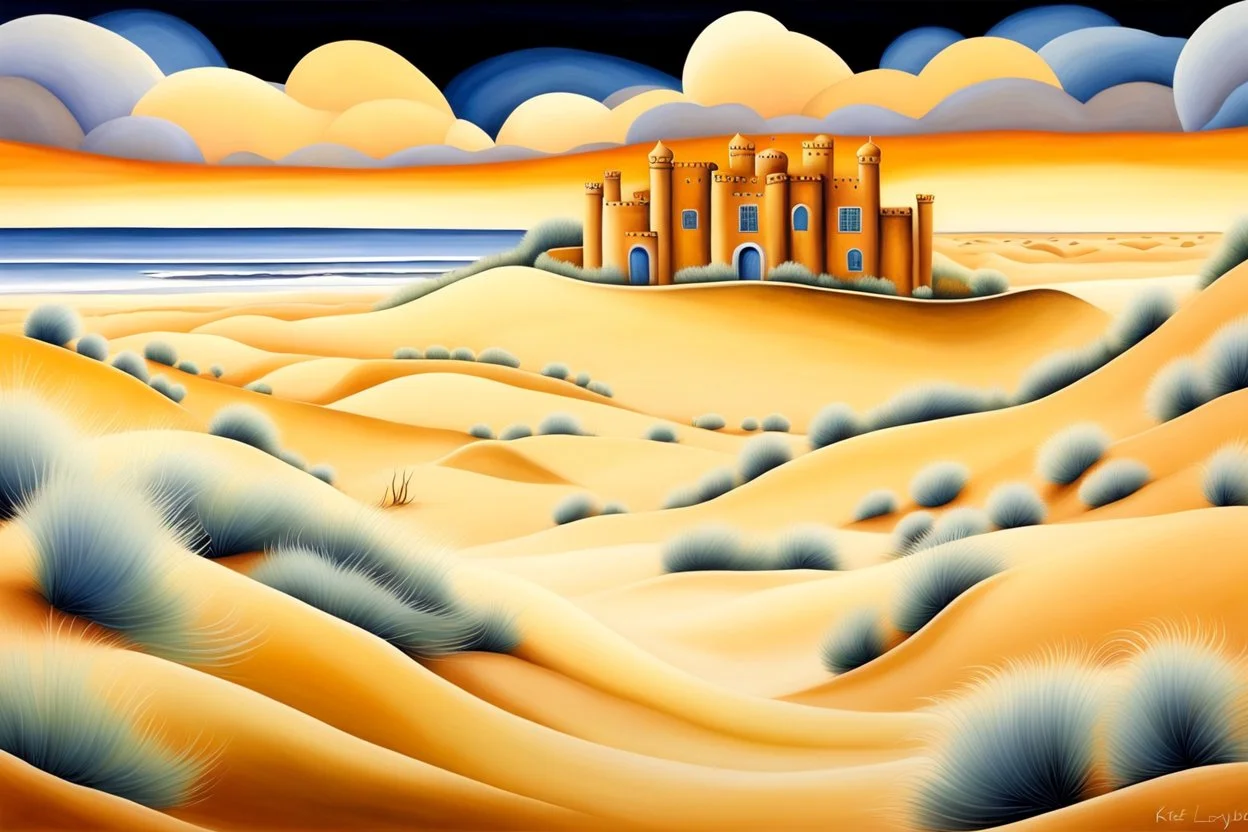 a hidden palace in undulating sand dunes, storm clouds, by artist "Kate Lycett",by artist "Tarsila do Amaral"