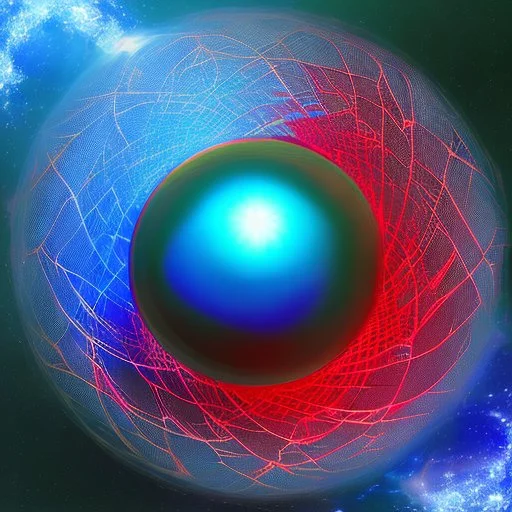 a blue metallic sphere inside a 4d red rotating cube