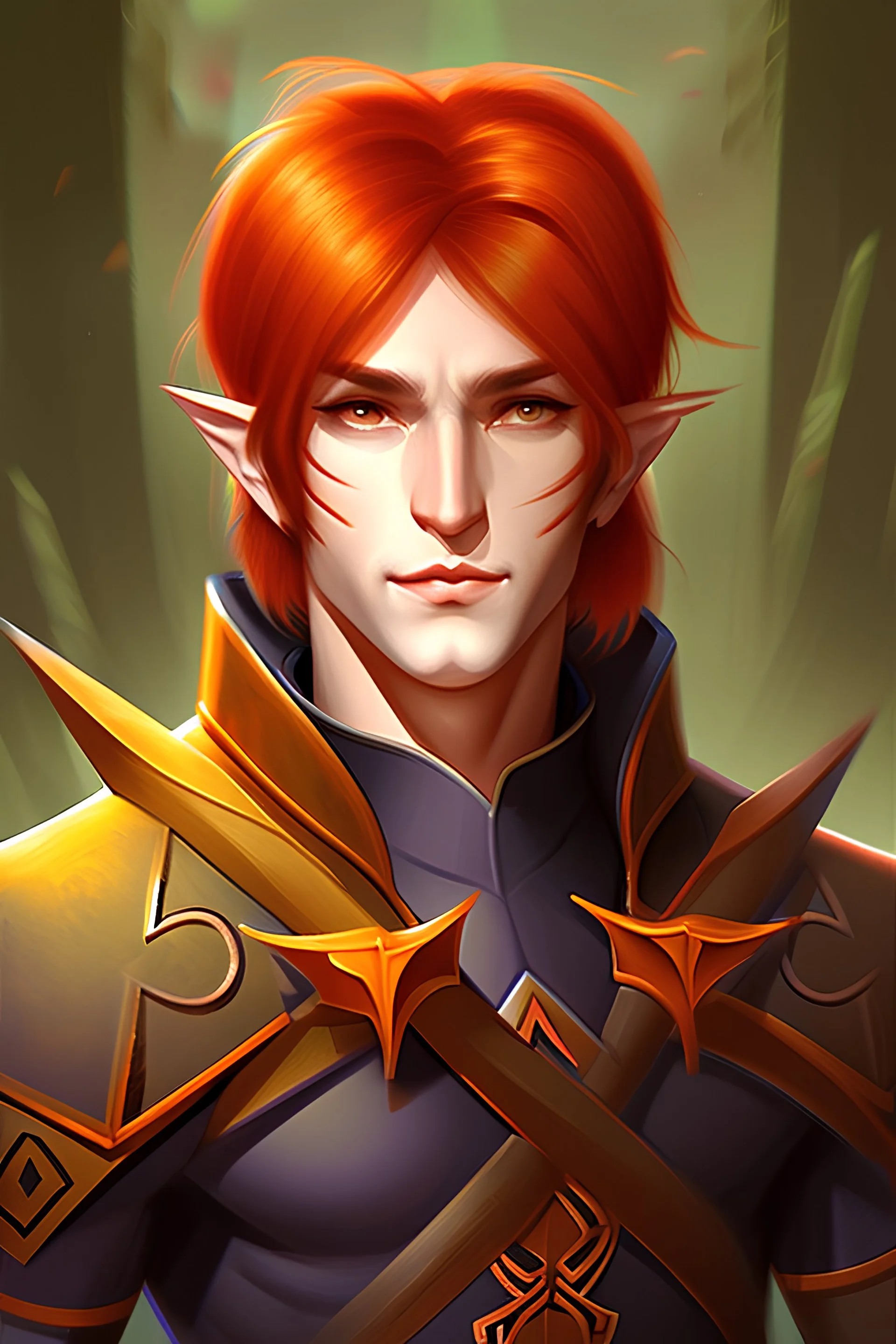 male autumn eladrin portrait with two swords shoulder length hair