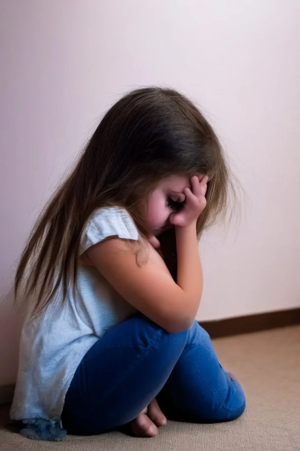 Little girl sitting in a corner with her head between her legs crying