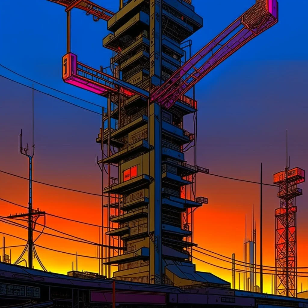 cyberpunk retro futuristic for comics really tall from far away