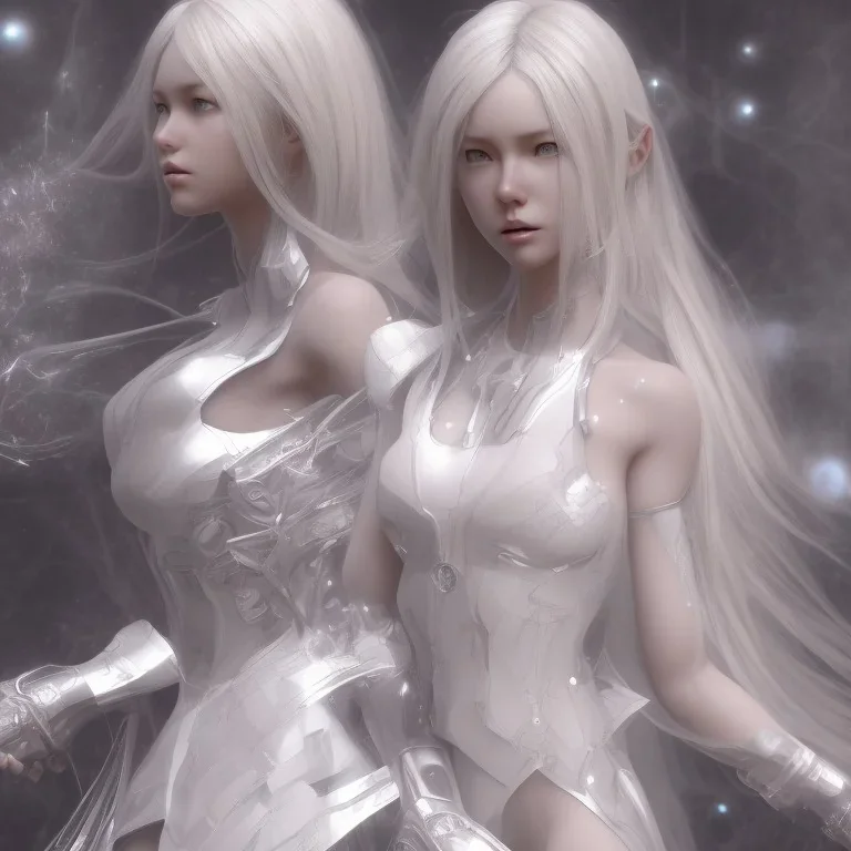 hitomi tanaka, dress white, long black hair, realistic, intriacte detail, sci-fi fantasy style, volumetric lighting, particales,highly detailed,cinamatic, deep colours,8k