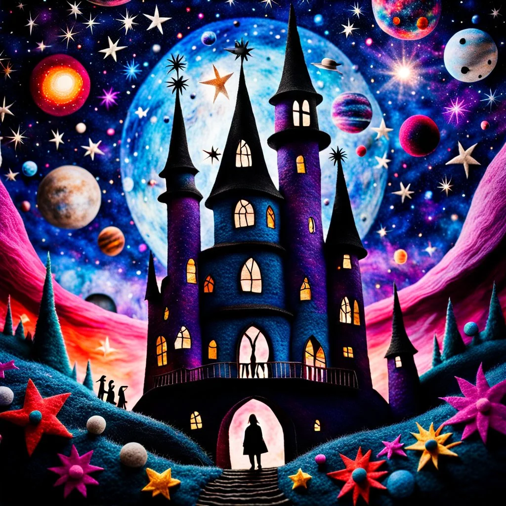 Detailed people, creepy castle made of felt, stars, galaxy and planets, sun, volumetric light flowers, naïve, Tim Burton, strong texture, extreme detail, Max Ernst, decal, rich moody colors, sparkles, Harry Potter, bokeh, odd