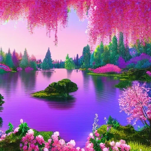 enchanted forest, blue lake,delicate flowers, pink tree, Swrosvsky crystals, cascades, full of details, smooth, bright sunshine，soft light atmosphere, light effect，vaporwave colorful, concept art, smooth, extremely sharp detail, finely tuned detail, ultra high definition, 8 k, unreal engine 5, ultra sharp focus