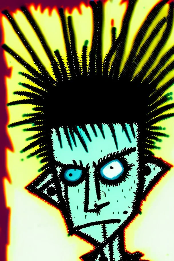 2d portrait drawing of a stickman, cool with punk hair, x eyes like hangman, close-up, in colour