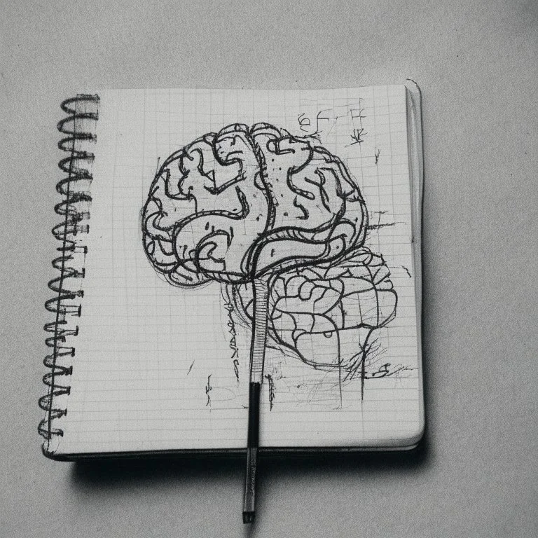 medicine notebook brain illustration, ink on paper