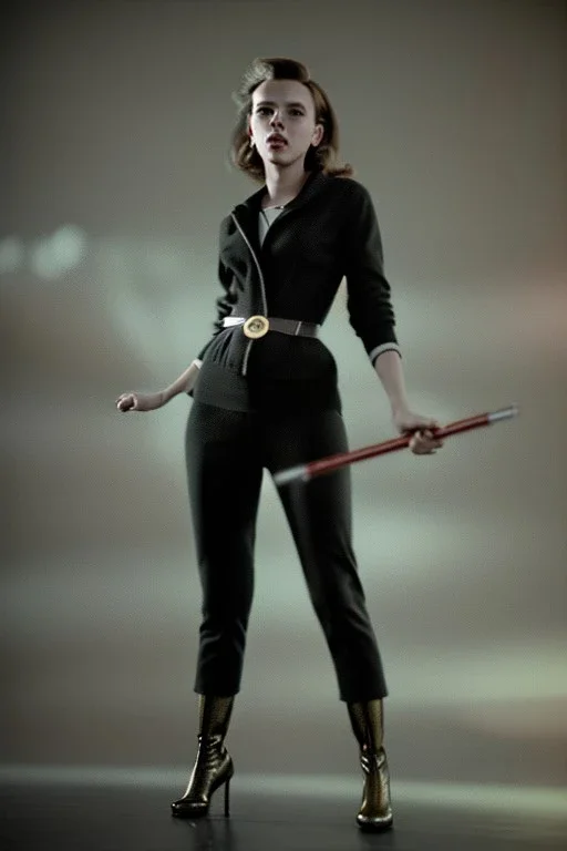 retro portrait image from 1960, explosion, long hair, young Scarlett Johansson, classic black tight lycra suit, metal stick weapon, gold bracelet and belt, high heel boots, soft color, highly detailed, unreal engine 5, ray tracing, RTX, lumen lighting, ultra detail, volumetric lighting, 3d, finely drawn, high definition, high resolution.