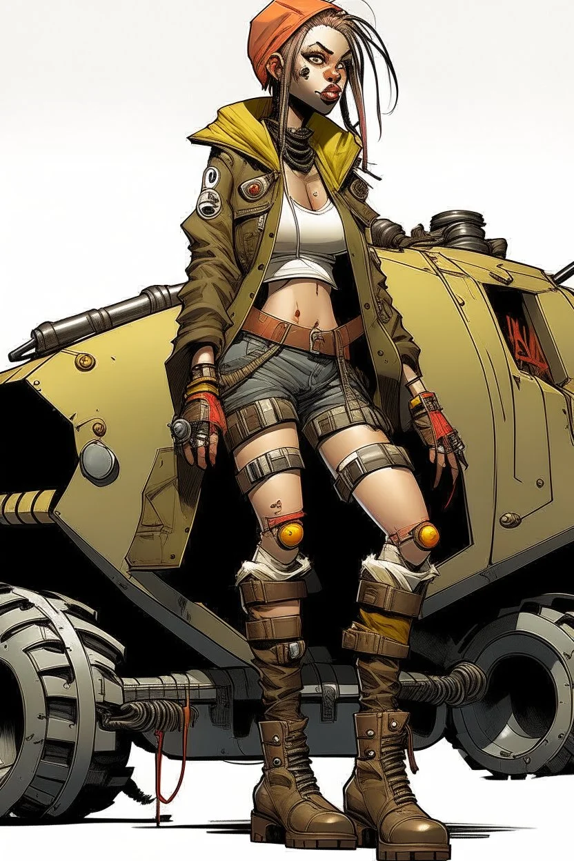 tank girl big boots sit on mechanic sputnik sphere vehicule