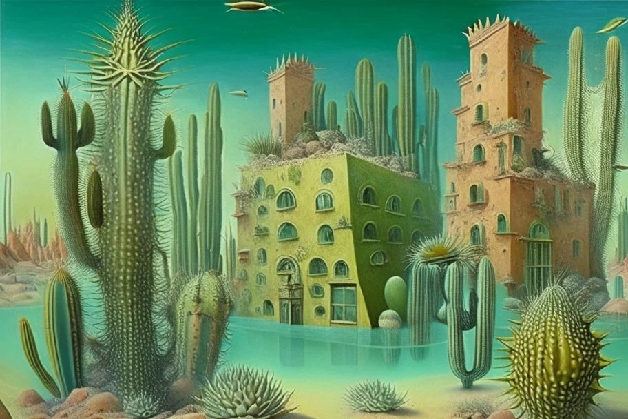 a fantastic cactus city with cactus houses underwater by artists "Leonora Carrington" and "Piranesi"