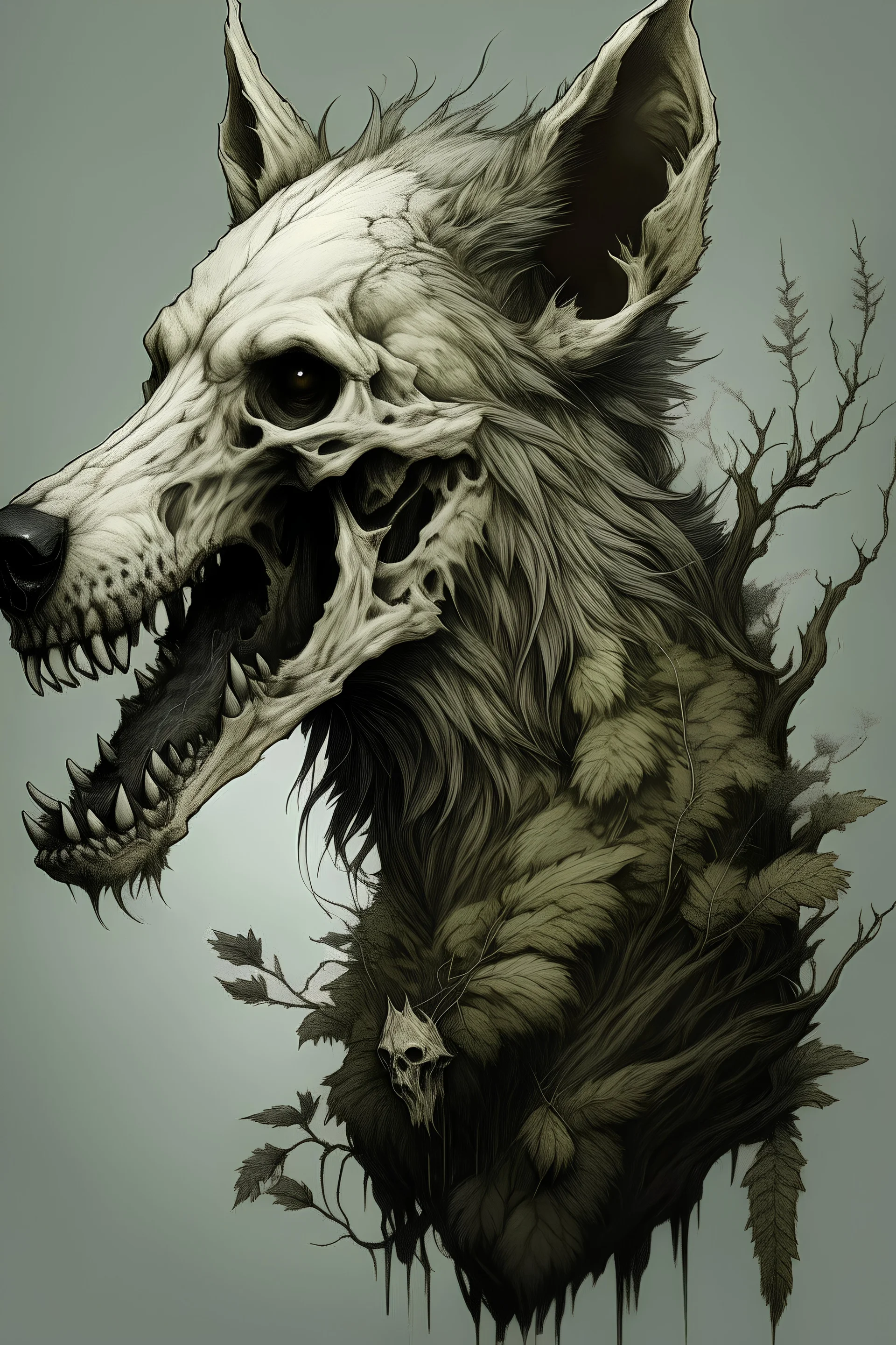 cannabalistic wendigo with a wolf skull