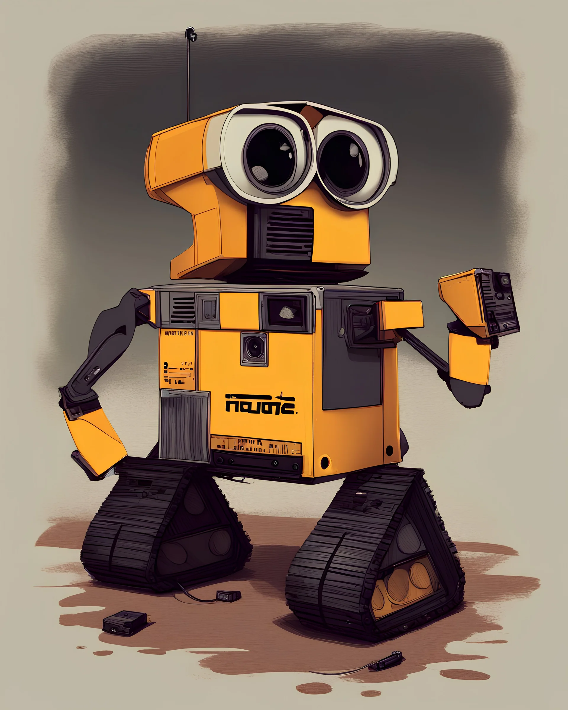 Wall-E animation character design with a cassette tape in a realistic style