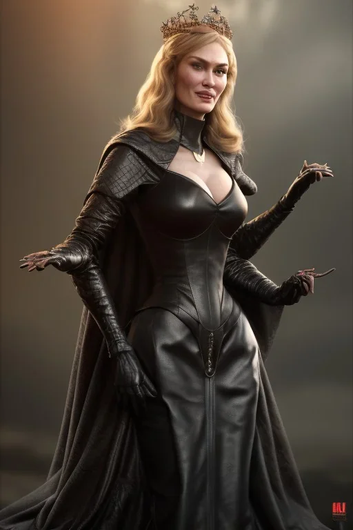 Cersei Lannister as evil queen in black leather, busty, cleavage, curvy, lena headay, angry, stern look. character design by cory loftis, fenghua zhong, ryohei hase, ismail inceoglu and ruan jia. unreal engine 5, artistic lighting, highly detailed, photorealistic, fantasy