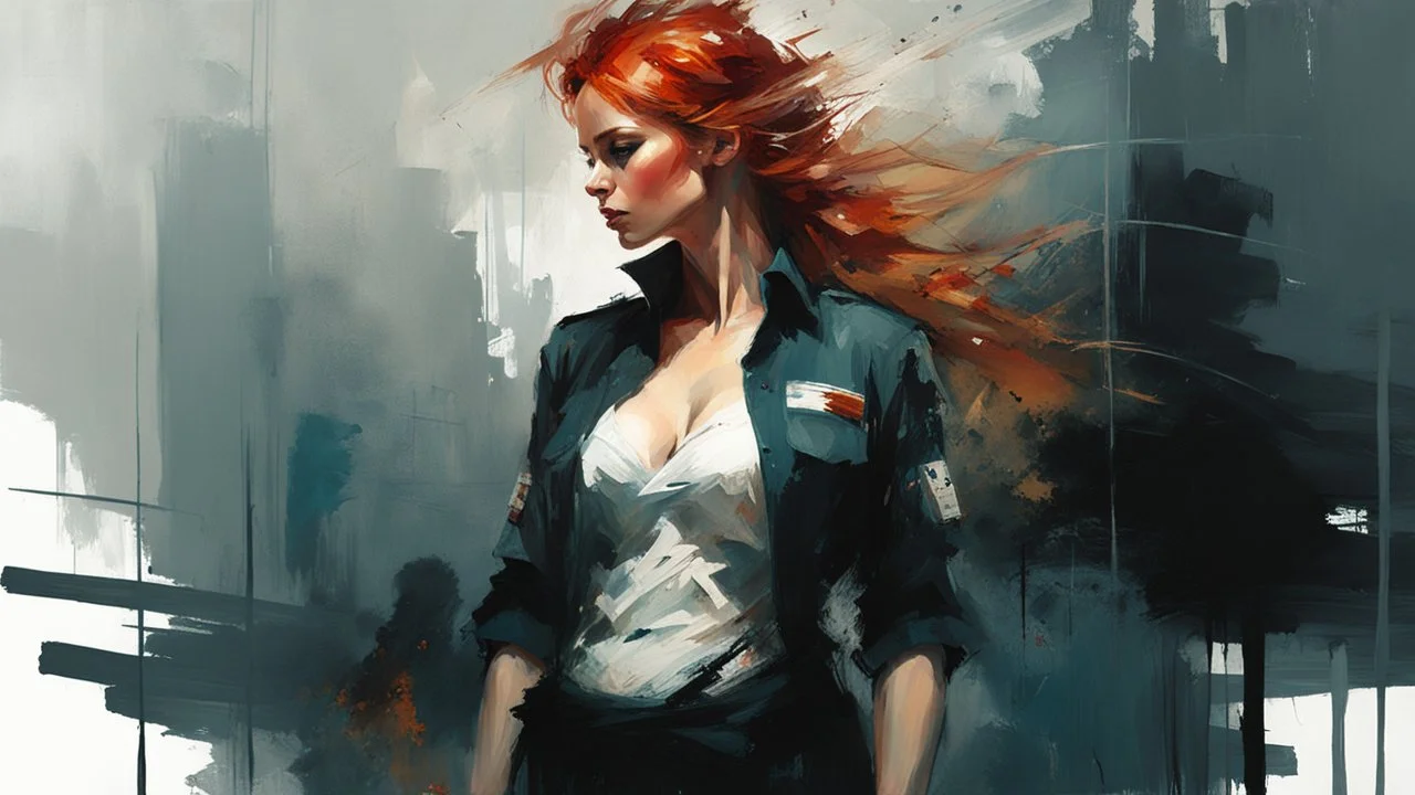 muscular stunning tall redhead russian woman 24yo sexy nurse costume :: dark mysterious esoteric atmosphere :: digital matt painting with rough paint strokes by Jeremy Mann + Carne Griffiths + Leonid Afremov, black canvas