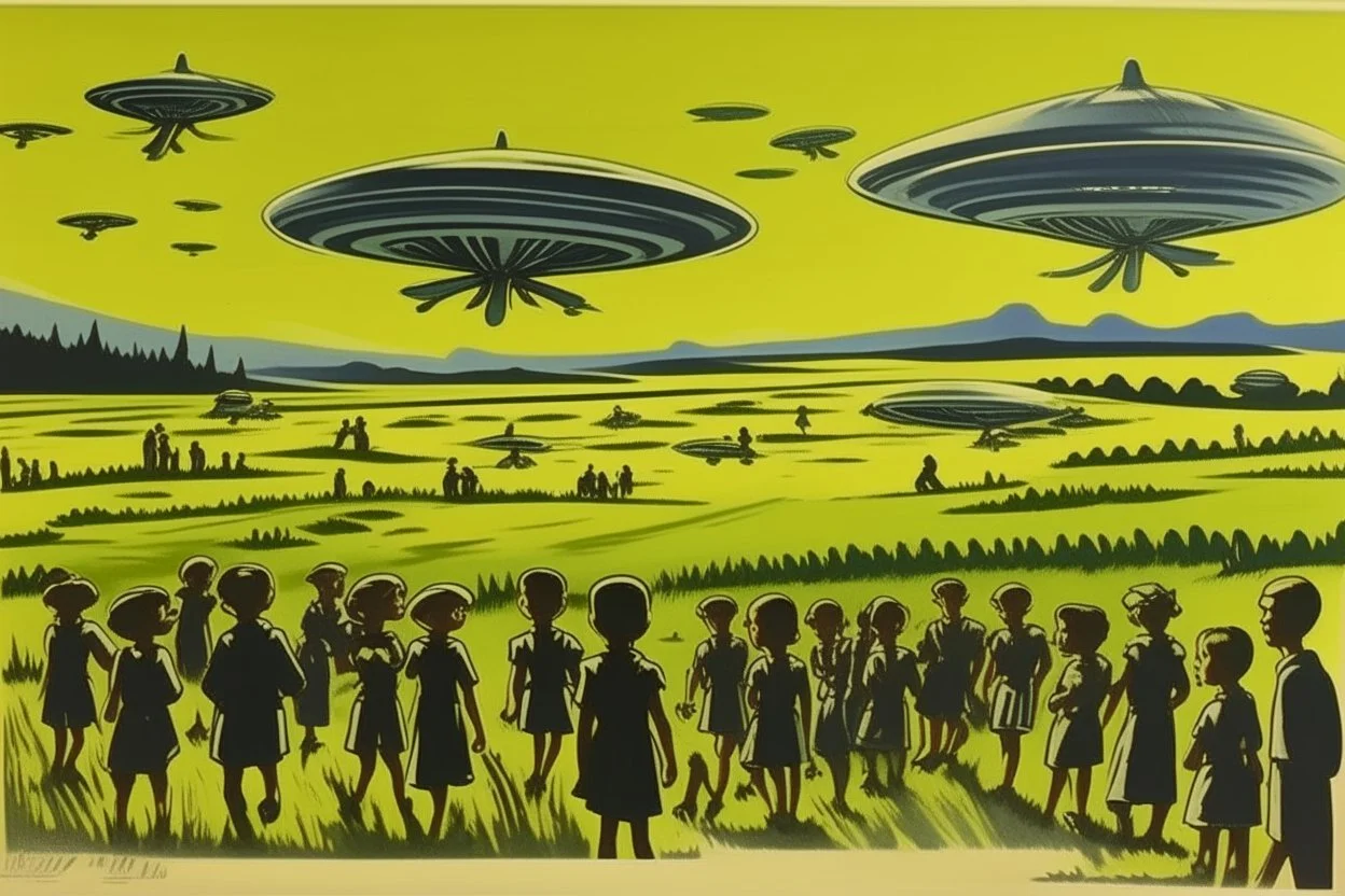 bumper sticker design, westall in bold heading text, ufo 1966, lots of school children looking up in a field, mysterious cool, bold