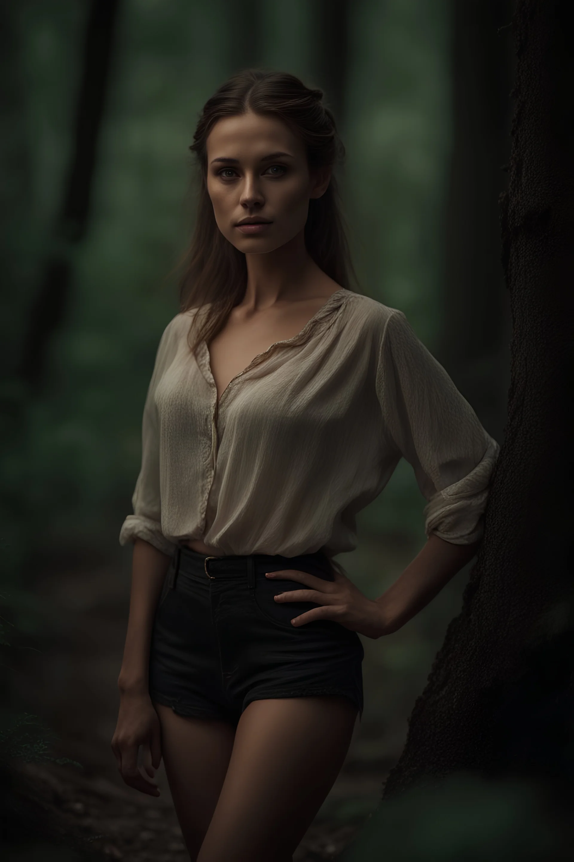 8k portrait of an enchanting, open blouse, beautiful, young woman, tight shirt, looking to the camera, in forest, messy bun, dark brown hear, realistic photo, full font of body, photograph like photo, height detail photo, hips to face body, model, average size, scandinavian, breathtaking woman, smooth hair elegantly, natural beauty, gentle shadows and highlights, outside, super sharp focus