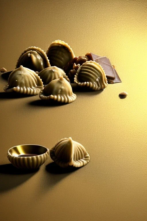 Ravioli, renaissance style still life Of Ravioli dish with natural chocolate and hazelnuts, olive oil. moisture, art, natural, ornaments, marble, gold, high kitchen, smooth, gradient color background, unreal engine 5, ray tracing, RTX, lumen lighting, ultra detail, volumetric lighting, 3d.